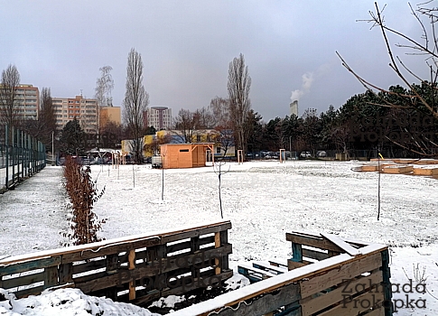 První zima na upraveném prostoru pro nově vznikající komunitní zahradu Prokopka.